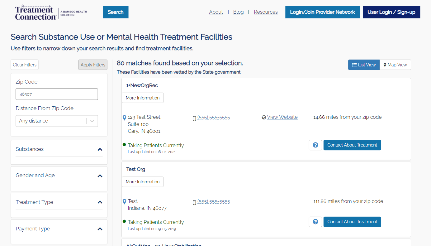 Search result showing a mental health treatment facility