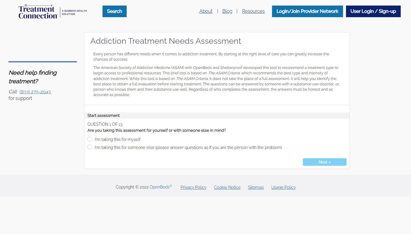 Start of an addiction treatment needs assessment with the first question and answer options